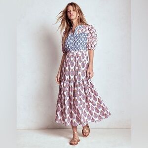 Boden Two-Tone Printed Puff-Sleeve Midi Dress in Blue and Pink